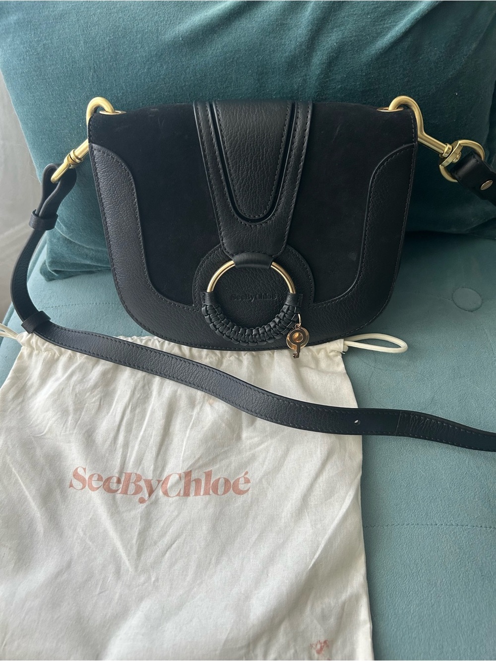 See By Chloé Black Leather & Suede Saddle Crossbody with Gold Hardware